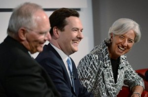 George Osborne (centre) with Germany's Wolfgang Schauble and IMF chief Christine Lagarde in London on May 9, 2013 (AFP, Stefan Rousseau) 