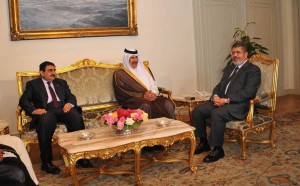 On Thursday, President Morsi met with Hammad Bin Jassem Al Thani, the Qatari Prime Minister and Minister of Foreign Affairs, at the Presidential Palace (Presidency handout photo)