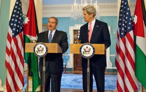 Foreign Minister Nasser Judeh holds a joint press conference with US Secretary of State John Kerry in Washington on Wednesday (Photo courtesy of the Jordanian Foreign Ministry) 