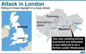 Graphic showing location of a deadly attack on a soldier in Woolwich, southeast London, on May 22, 2013 (AFP/Graphic) 